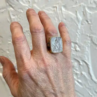 10k Gold Moonstone Signet Ring with Heron & Fleur de Lis Intaglio
