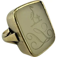 10k Gold Moonstone Signet Ring with Heron & Fleur de Lis Intaglio