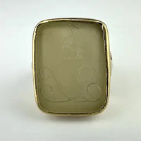 10k Gold Moonstone Signet Ring with Heron & Fleur de Lis Intaglio