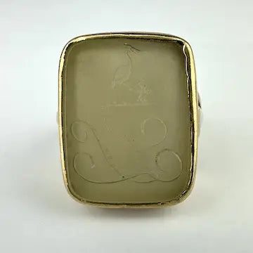 10k Gold Moonstone Signet Ring with Heron & Fleur de Lis Intaglio