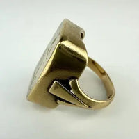 10k Gold Moonstone Signet Ring with Heron & Fleur de Lis Intaglio
