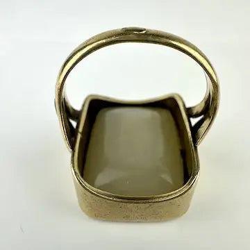 10k Gold Moonstone Signet Ring with Heron & Fleur de Lis Intaglio