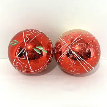 2 Jumbo Vintage Glass Ornaments with Hand Painted Designs