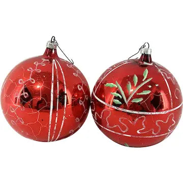 2 Jumbo Vintage Glass Ornaments with Hand Painted Designs