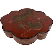 20th c Chinese Red Lacquer Box with Foo Dog Motif