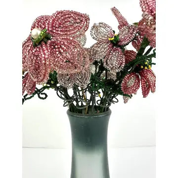21 Antique French Glass Beaded Flowers with Metal Flower Frog