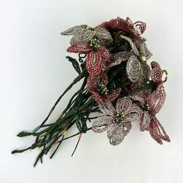 21 Antique French Glass Beaded Flowers with Metal Flower Frog