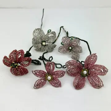 21 Antique French Glass Beaded Flowers with Metal Flower Frog