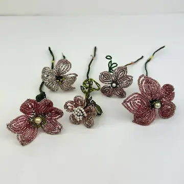 21 Antique French Glass Beaded Flowers with Metal Flower Frog