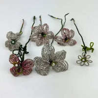 21 Antique French Glass Beaded Flowers with Metal Flower Frog