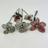 21 Antique French Glass Beaded Flowers with Metal Flower Frog