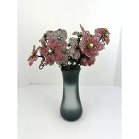 21 Antique French Glass Beaded Flowers with Metal Flower Frog