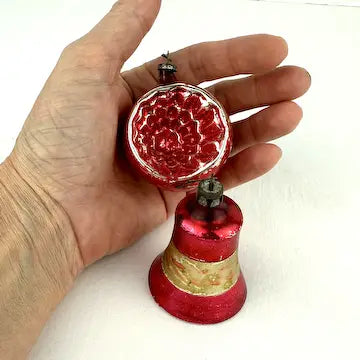 4 Vintage Red Silver and Gold Blown Glass Ornaments
