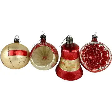 4 Vintage Red Silver and Gold Blown Glass Ornaments