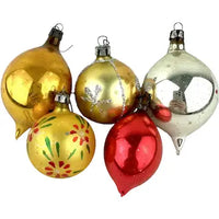 5 Small Vintage Red Gold and Silver Glass Ornaments with Tear Drops