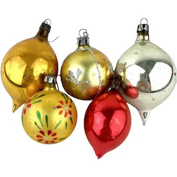 5 Small Vintage Red Gold and Silver Glass Ornaments with Tear Drops