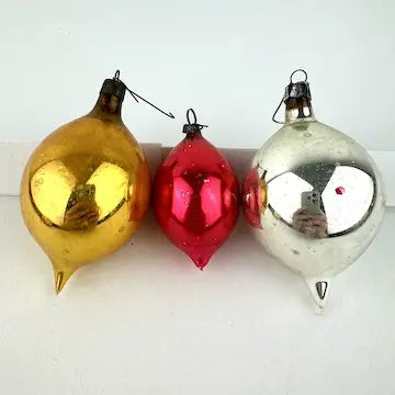 5 Small Vintage Red Gold and Silver Glass Ornaments with Tear Drops