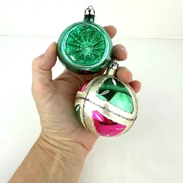 5 Vintage Aqua Silver and Pink Polish Ornaments