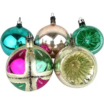 5 Vintage Aqua Silver and Pink Polish Ornaments