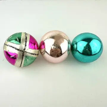 5 Vintage Aqua Silver and Pink Polish Ornaments