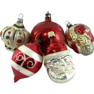 5 Vintage Blown Glass Ornaments with West German Santa