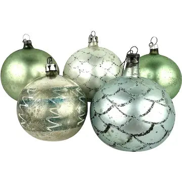 5 Vintage Blue and Green Blown Glass Ornaments