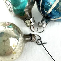 5 vintage Blue and Silver Feather Tree Ornaments with Indents