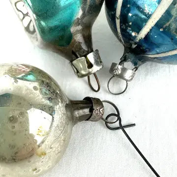 5 vintage Blue and Silver Feather Tree Ornaments with Indents