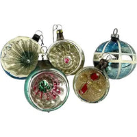 5 vintage Blue and Silver Feather Tree Ornaments with Indents