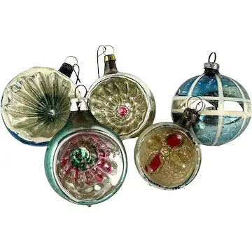 5 vintage Blue and Silver Feather Tree Ornaments with Indents