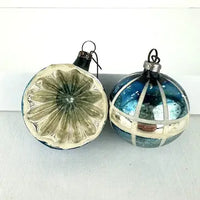 5 vintage Blue and Silver Feather Tree Ornaments with Indents