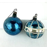 5 vintage Blue and Silver Feather Tree Ornaments with Indents