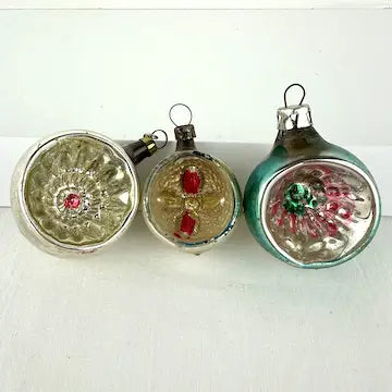 5 vintage Blue and Silver Feather Tree Ornaments with Indents