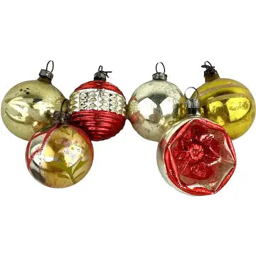 6 Vintage Red Gold and Silver Feather Tree Ornaments