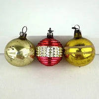 6 Vintage Red Gold and Silver Feather Tree Ornaments