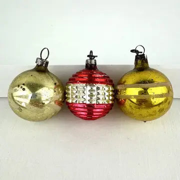6 Vintage Red Gold and Silver Feather Tree Ornaments