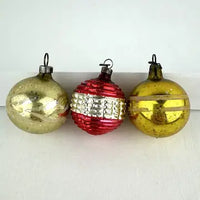 6 Vintage Red Gold and Silver Feather Tree Ornaments