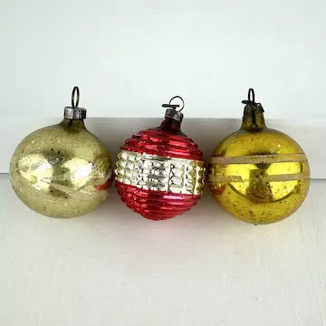 6 Vintage Red Gold and Silver Feather Tree Ornaments