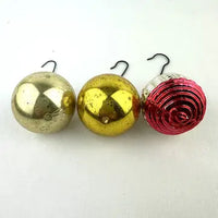 6 Vintage Red Gold and Silver Feather Tree Ornaments