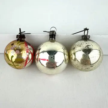 6 Vintage Red Gold and Silver Feather Tree Ornaments