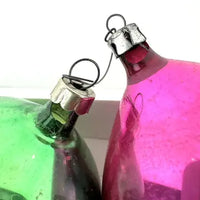 9 Vintage Fuscia and Green Christmas Ornaments -Fluted, Indents, Teardrop, Painted