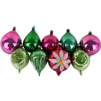 9 Vintage Fuscia and Green Christmas Ornaments -Fluted, Indents, Teardrop, Painted