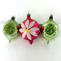 9 Vintage Fuscia and Green Christmas Ornaments -Fluted, Indents, Teardrop, Painted