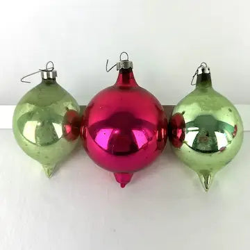 9 Vintage Fuscia and Green Christmas Ornaments -Fluted, Indents, Teardrop, Painted