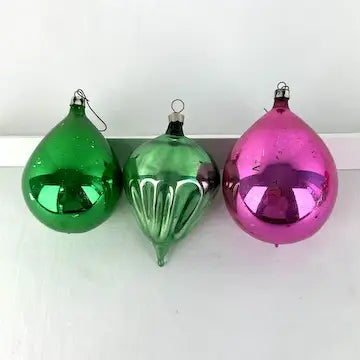 9 Vintage Fuscia and Green Christmas Ornaments -Fluted, Indents, Teardrop, Painted