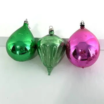 9 Vintage Fuscia and Green Christmas Ornaments -Fluted, Indents, Teardrop, Painted
