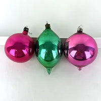 9 Vintage Fuscia and Green Christmas Ornaments -Fluted, Indents, Teardrop, Painted