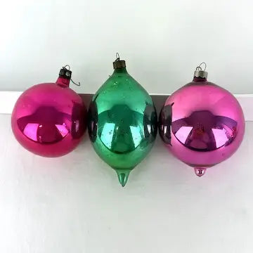 9 Vintage Fuscia and Green Christmas Ornaments -Fluted, Indents, Teardrop, Painted