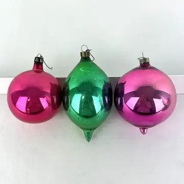 9 Vintage Fuscia and Green Christmas Ornaments -Fluted, Indents, Teardrop, Painted