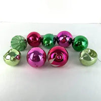 9 Vintage Fuscia and Green Christmas Ornaments -Fluted, Indents, Teardrop, Painted